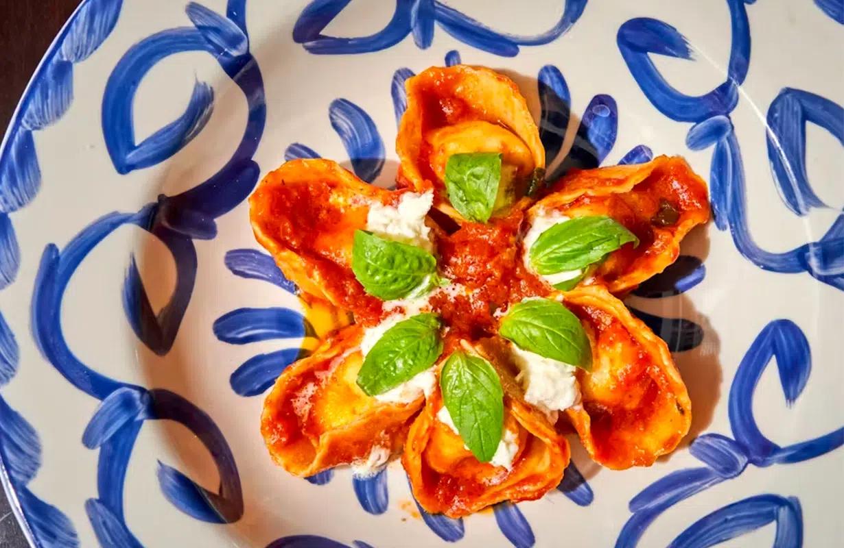 a plate of tortellini with red sauce, cheese, and basil leaves